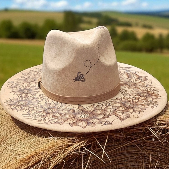 Hand Burned Wide Brim Fedora Hat Featuring Sunflowers, Bees, and Lady Bugs - Picture 1 of 8